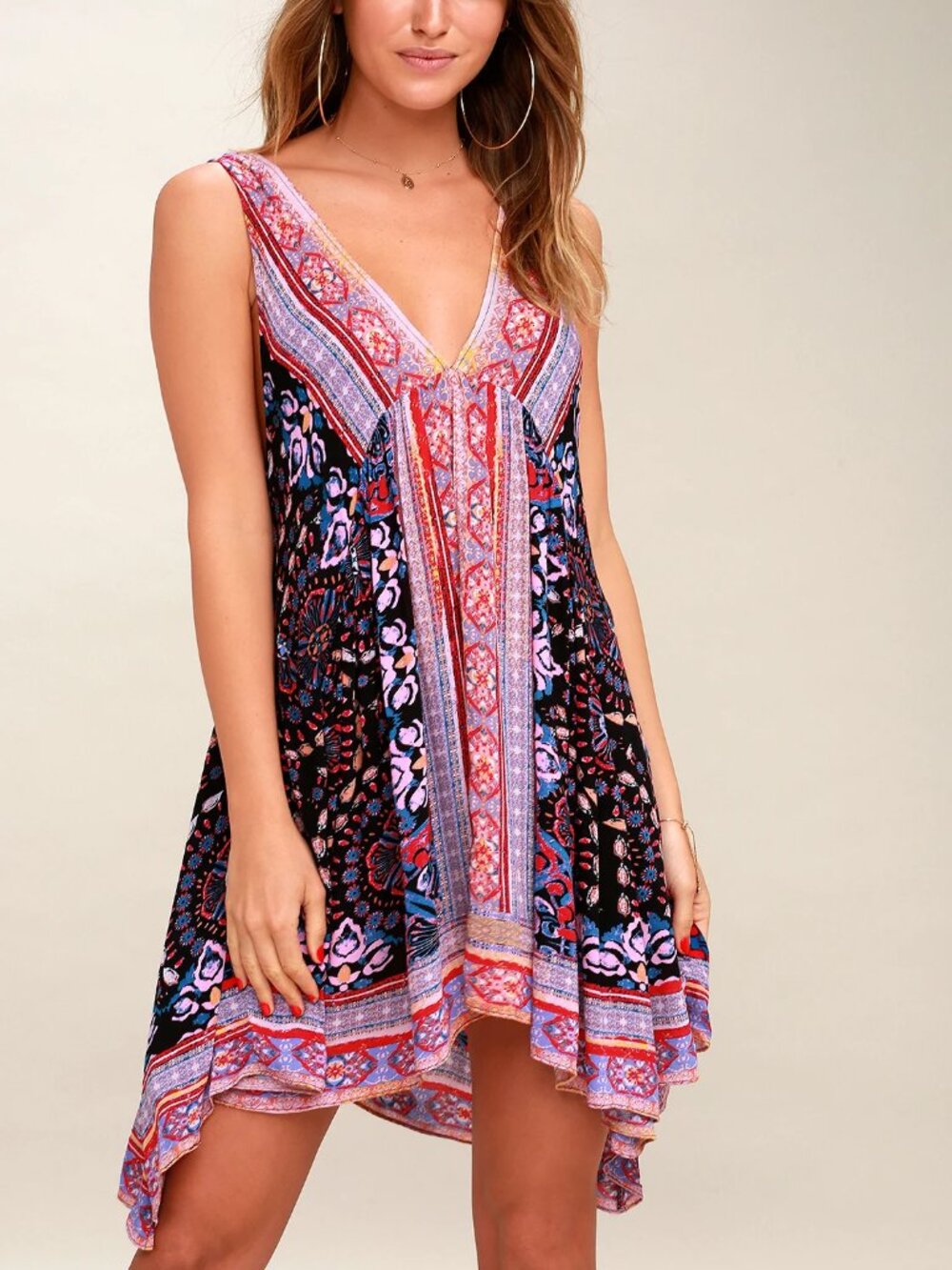 Intimately Free People Black Pink Floral Boho Trapeze Gypsy Slip Dress | S